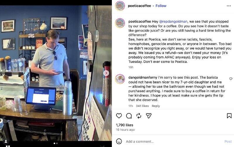 A post published on the Facebook page of Cafe Poeticà alongside a photograph of Goldman (Photo: From Facebook) דן גולדמן בבית הקפה והדברים שנכתבו נגדו באינסטגרם