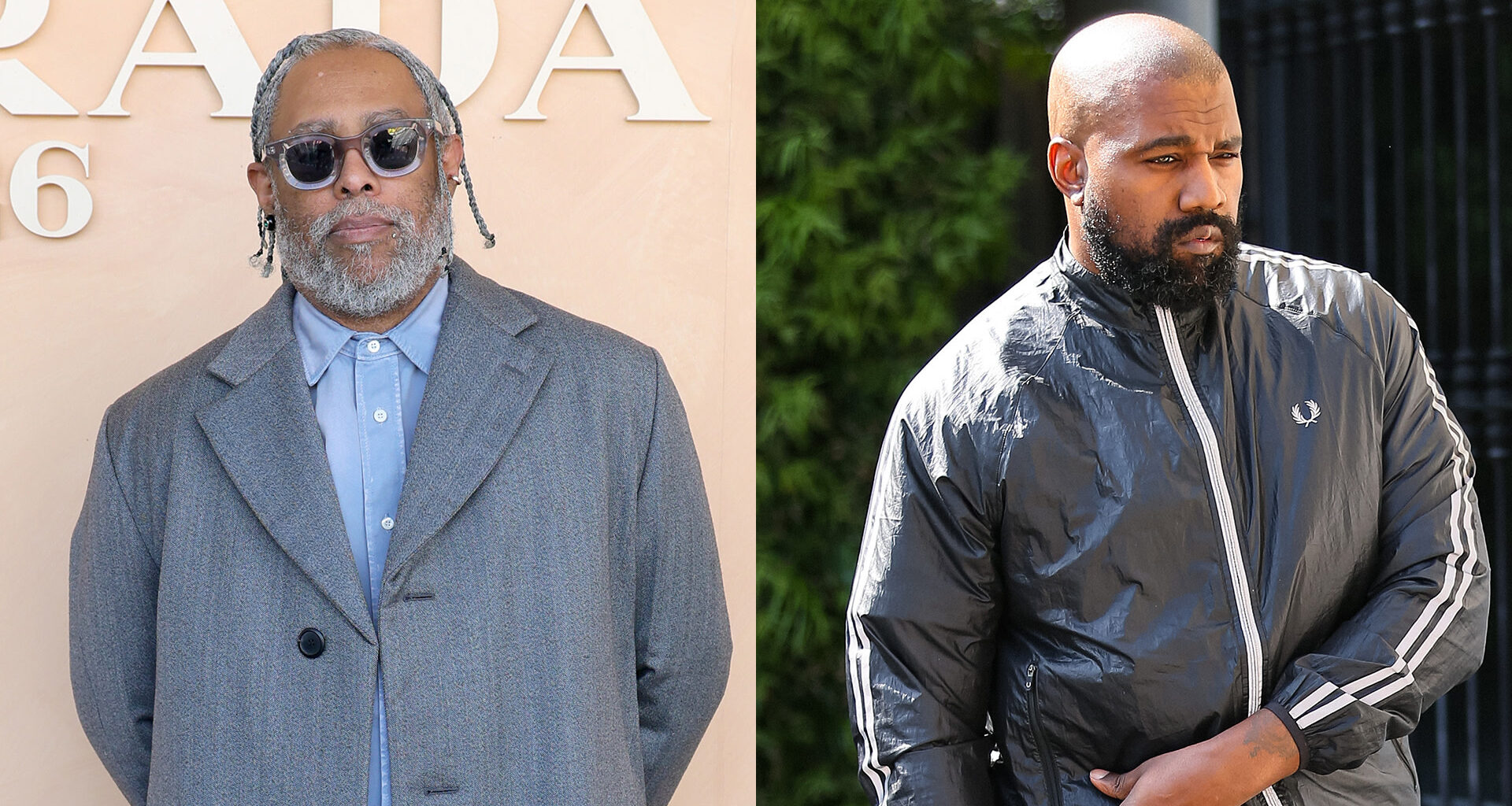 Two men are shown side by side. Arthur Jafa, left, wears sunglasses and a gray coat, and the artist formerly known as Kanye West, right, wears a black jacket with a serious expression.