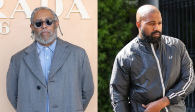 Two men are shown side by side. Arthur Jafa, left, wears sunglasses and a gray coat, and the artist formerly known as Kanye West, right, wears a black jacket with a serious expression.