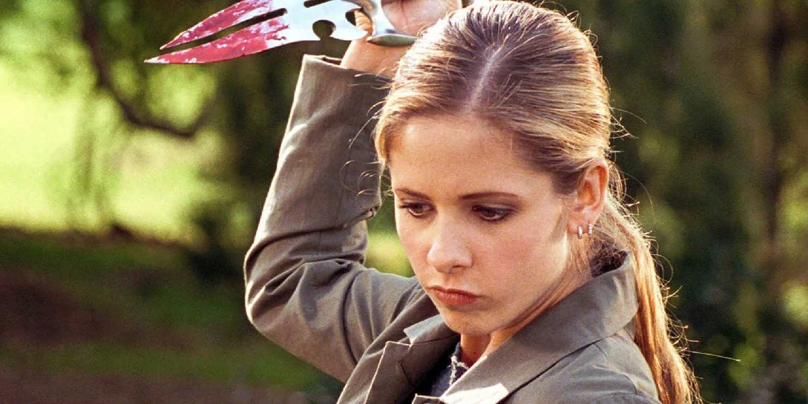 Buffy Summers raises a dagger while looking down in Buffy the Vampire Slayer.