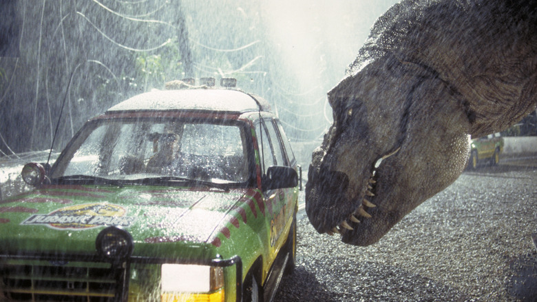 The T-rex right up against the car in the rain in Jurssic Park