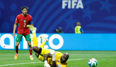 Haiti goalkeeper Johny Placide stretched in the air to save the ball on the pitch as a shot goes wide during the Group C World Cup match against Morocco in Atlanta.