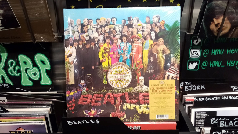 A close-up of the album cover of the Beatles' "Sgt. Pepper's Lonely Hearts Club Band."