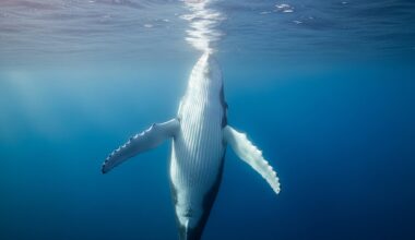 A humpback whale song performed deep underwater in blue ocean light, simply call out