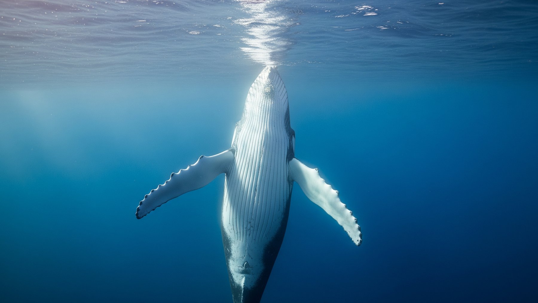A humpback whale song performed deep underwater in blue ocean light, simply call out