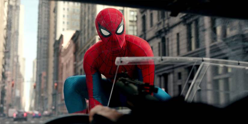 Tom Holland as Spider-Man sitting on Frank Castle's car in 'Spider-Man: Brand New Day'