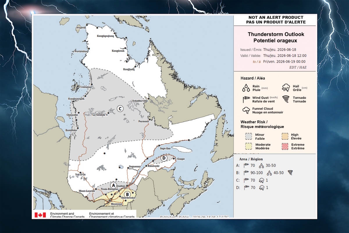 A map of Quebec superimposed on a photo of lightning. The map shows where there is a greater risk of thunderstorms.