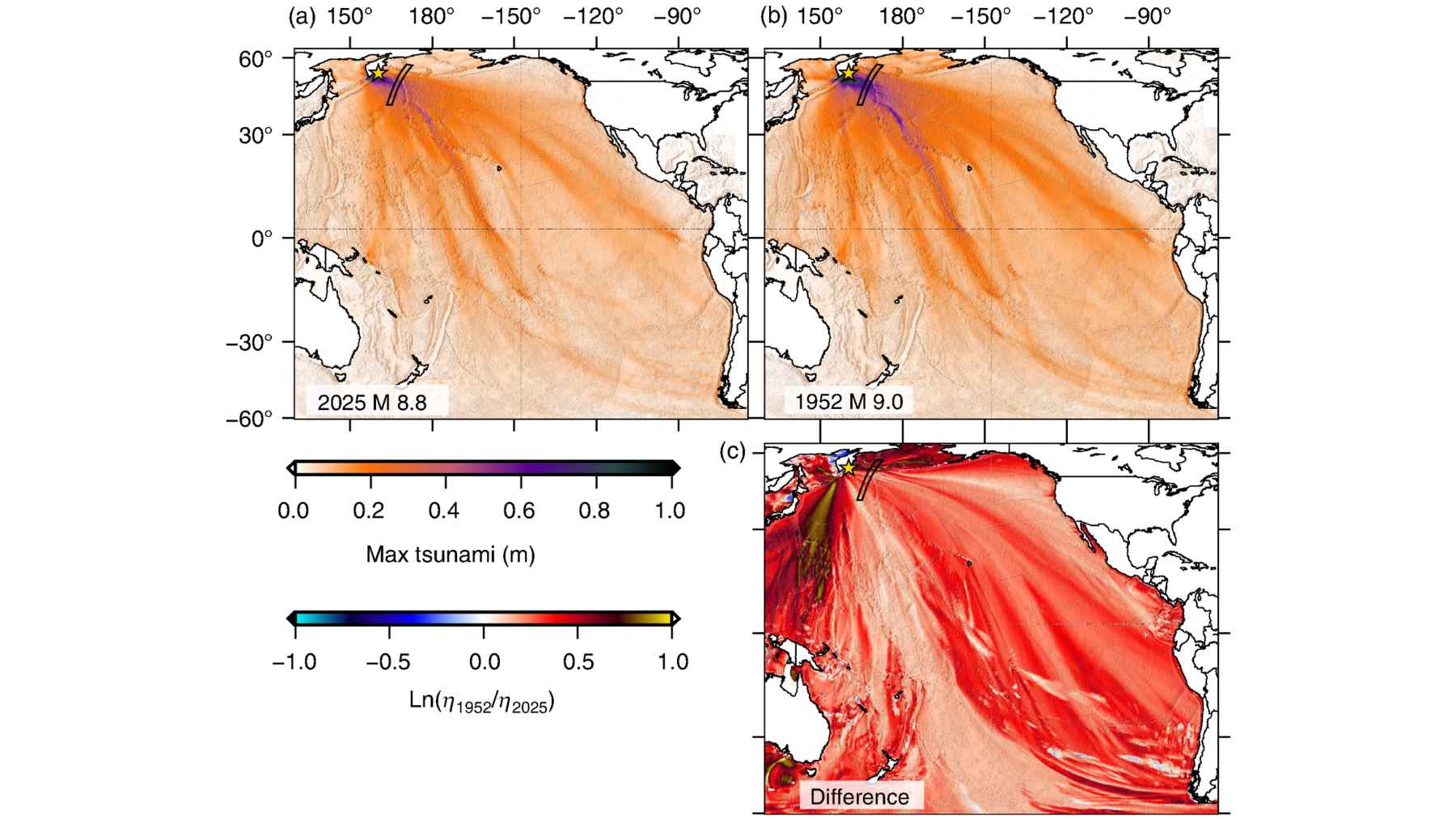 SWOT satellite maps showing sea surface height changes during Pacific tsunamis, comparing the 2025 and 1952 events.