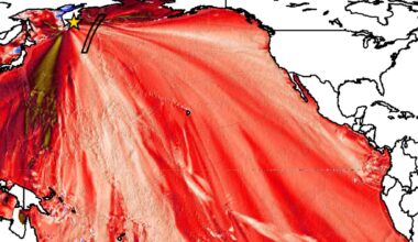 High-resolution map showing tsunami wave propagation across the Pacific Ocean captured by satellite data.