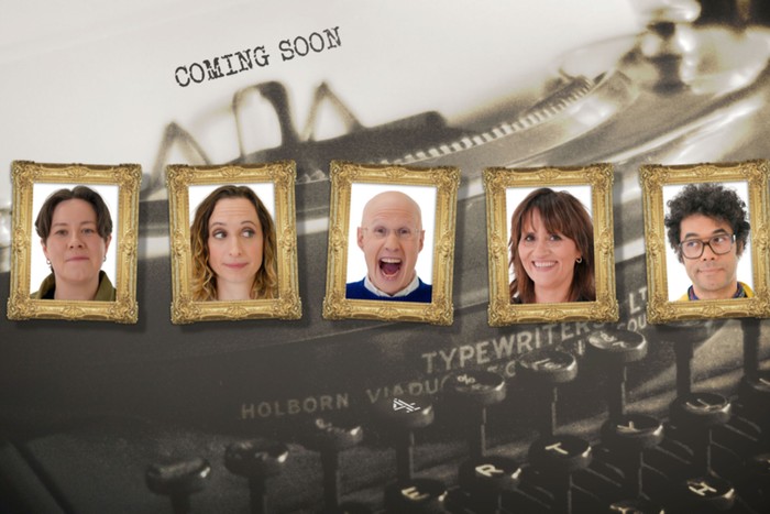 Taskmaster season 22 cast Chloe Petts, Isy Suttie, Matt Lucas, Nina Conti and Richard Ayoade in framed images all hung up as they all smile ahead.