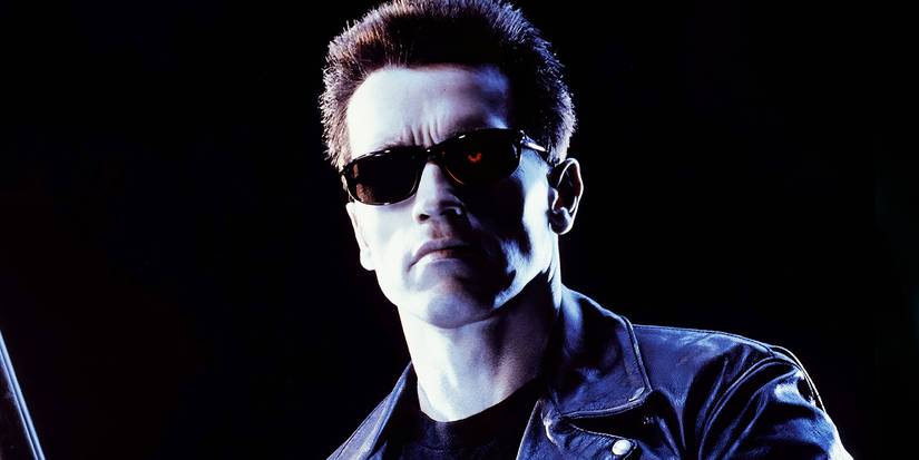 Arnold Schwarzenegger as the T-800 in a leather jacket and sunglasses in Terminator 2: Judgment Day.