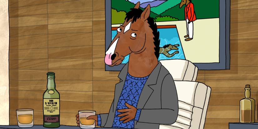 BoJack Horseman sits at a desk drinking whiskey in the pilot episode of BoJack Horseman.