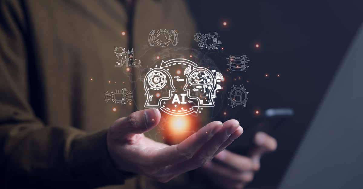 An artificial intelligence graphic hovers above an outstretched hand.