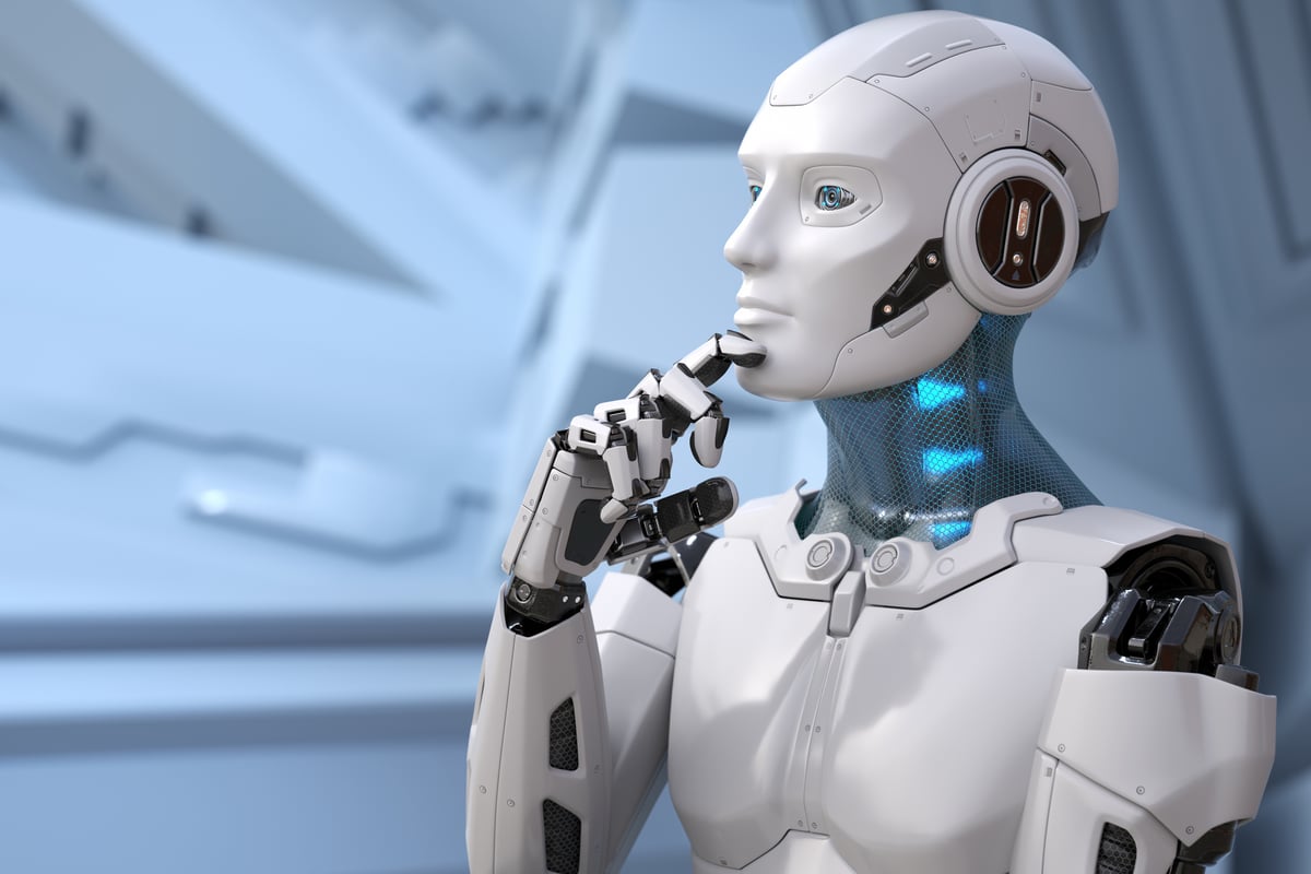Humanoid robot in a thoughtful pose.