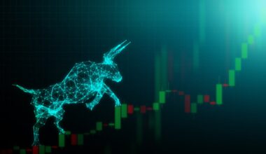 A digital rendering of a bull climbing up a stock chart.