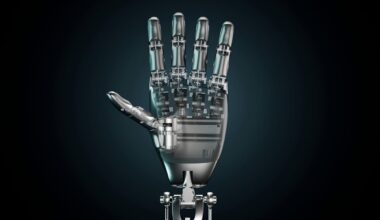 A Tesla robot hand is raised against a black background.