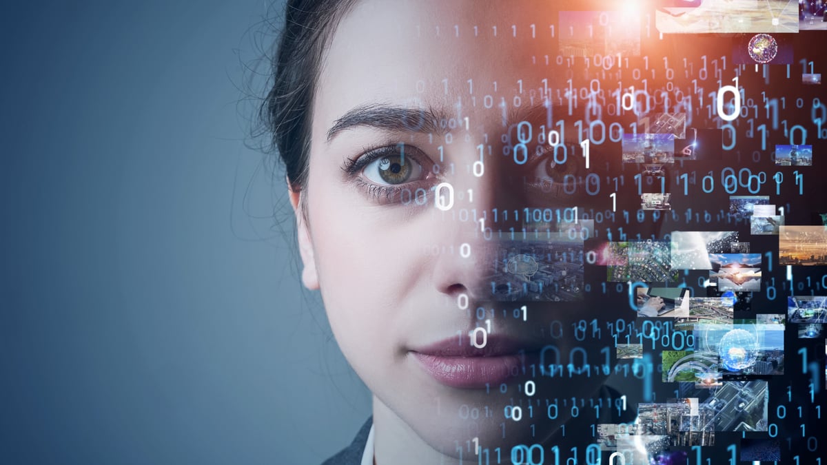 AI with a human face, loaded with information.