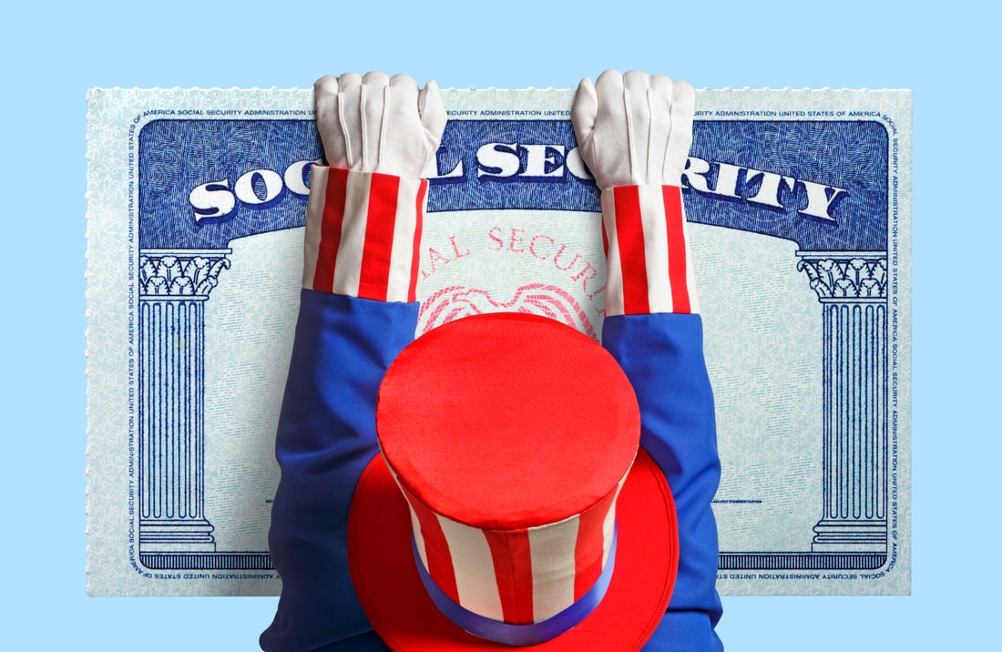 Uncle Sam holding onto an oversized Social Security card by his fingertips.