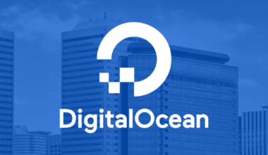 DigitalOcean company name and logo written in white on a blue background.