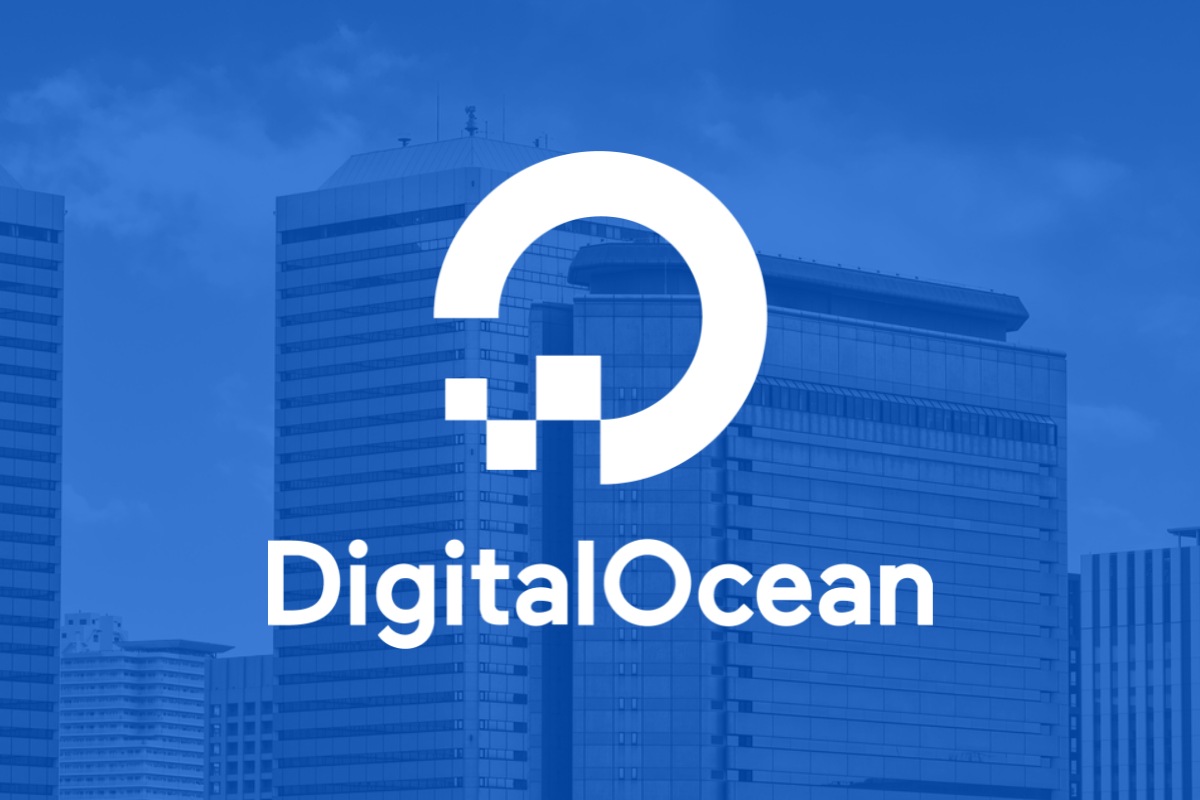 DigitalOcean company name and logo written in white on a blue background.