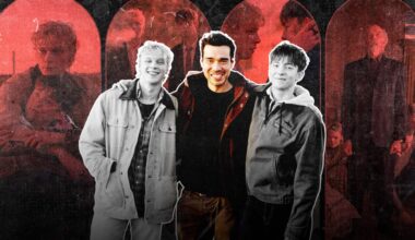 A stylised image featuring three men in the foreground set against a red background with four cinematic scene snippets behind them.