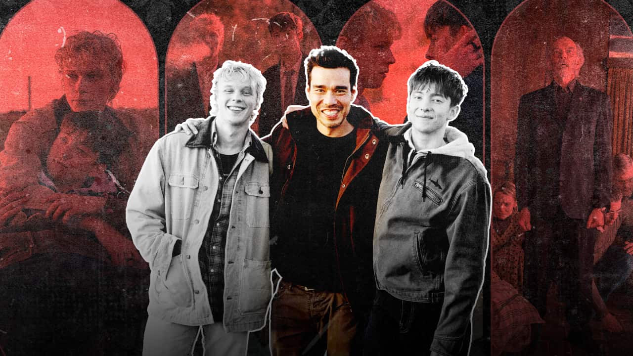 A stylised image featuring three men in the foreground set against a red background with four cinematic scene snippets behind them.