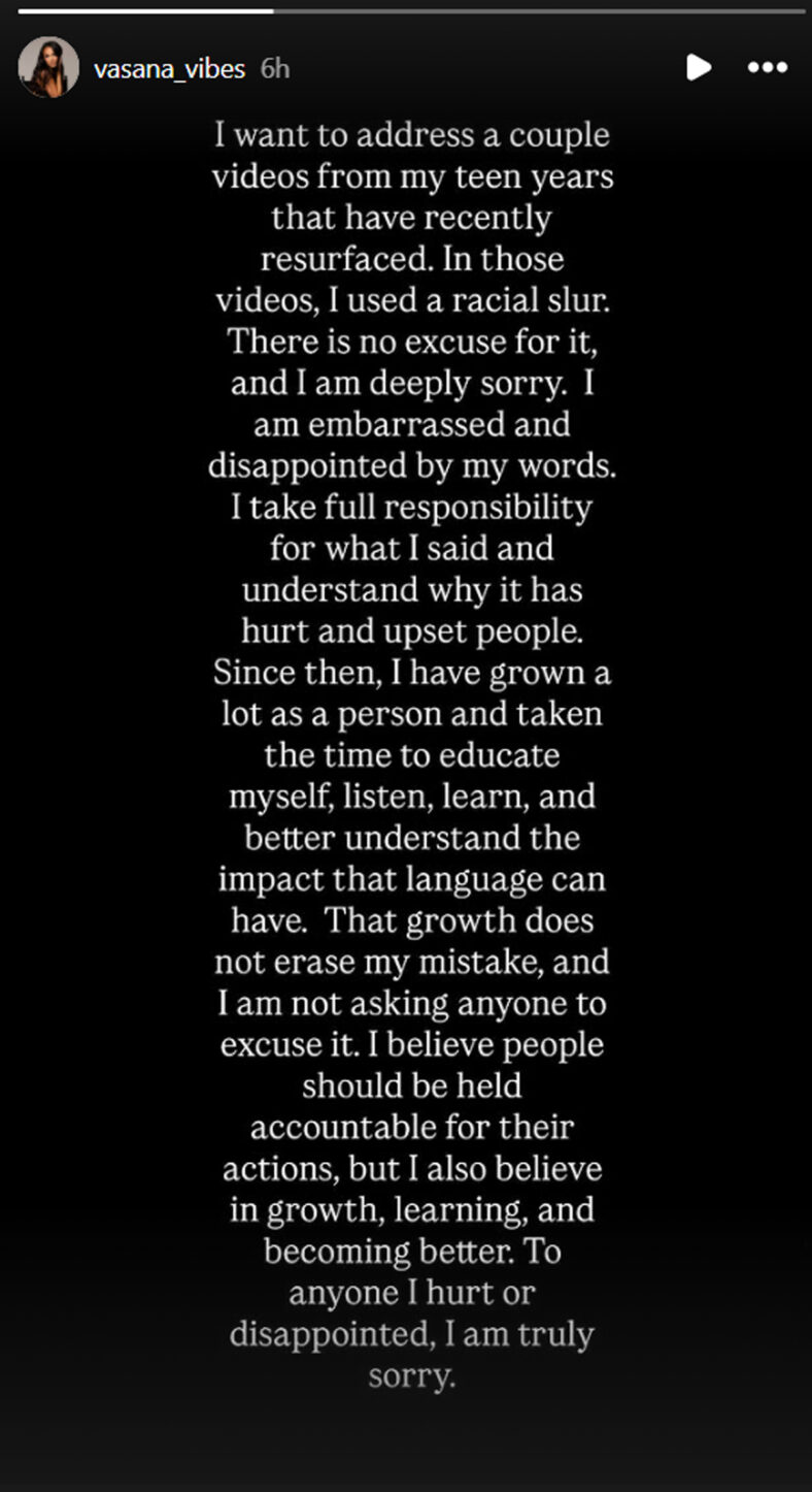 Vasana Montgomery's statement shared via Instagram Stories