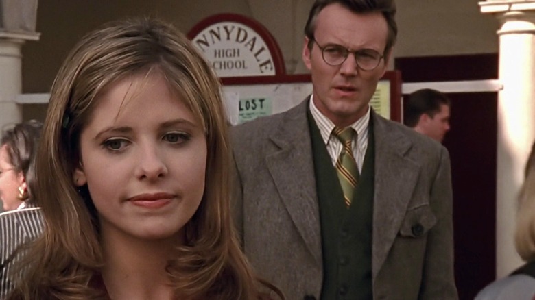 Rupert Giles watches over Buffy Summers at Sunnydale High School on Buffy the Vampire Slayer.