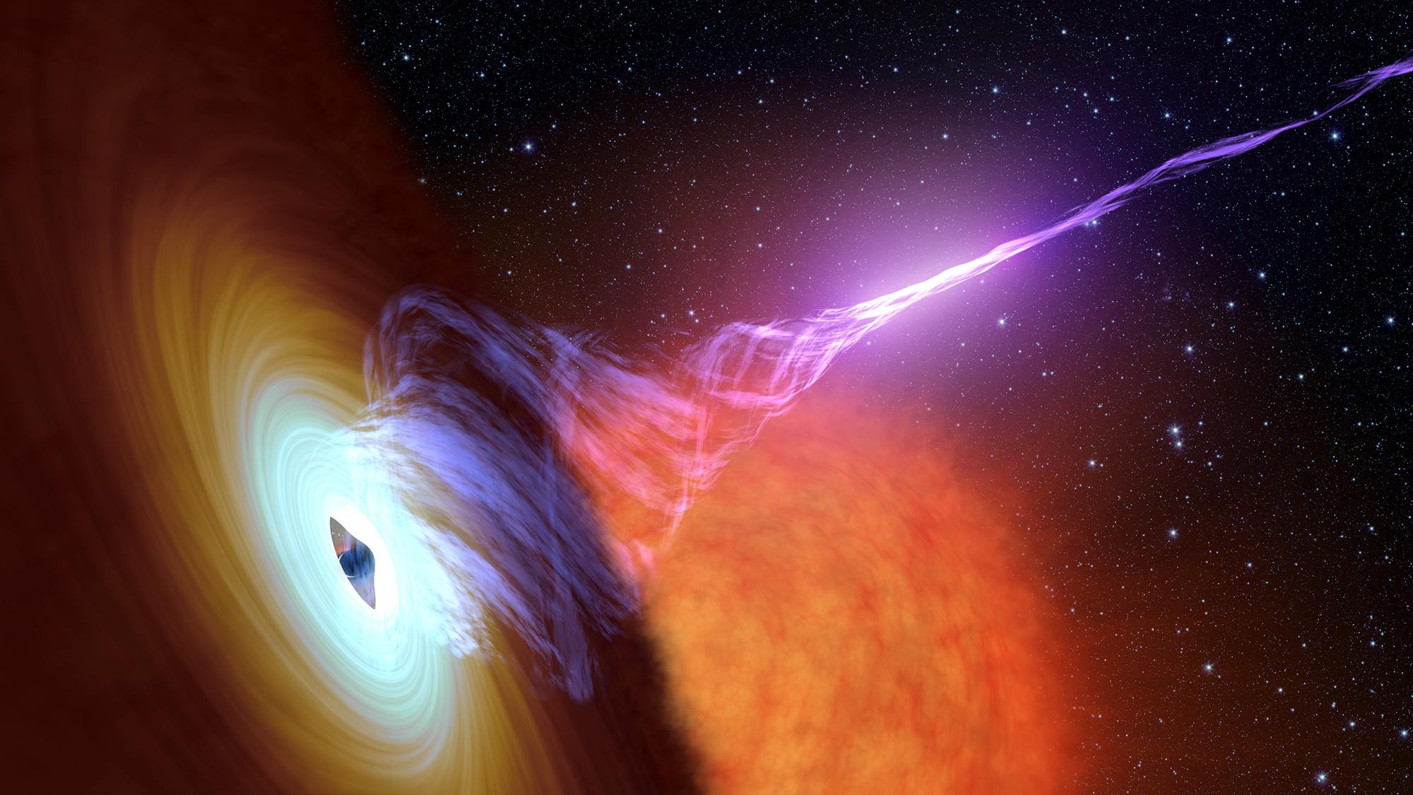 Artist's conception of a black hole with an accretion disk, and jets of hot plasma.