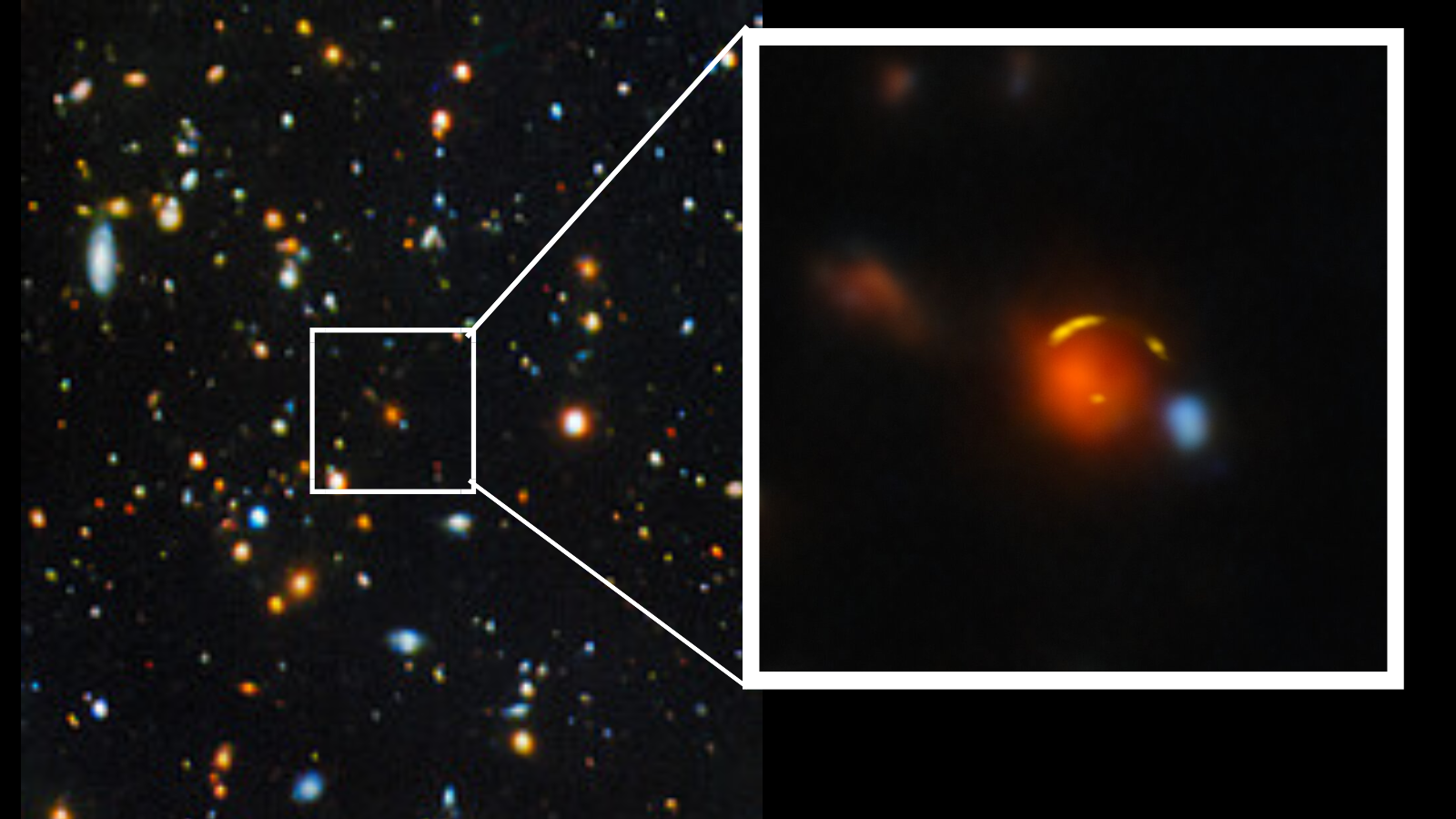 Lots of stars and galaxies speckled across a dark background. One of the galaxies is enlarged in a boxout.