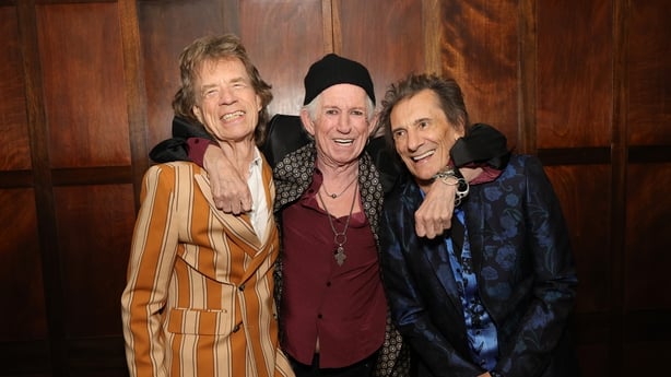 Mick Jagger, Keith Richards and Ronnie Wood pose backstage during the exclusive launch event of The Rolling Stones new album 