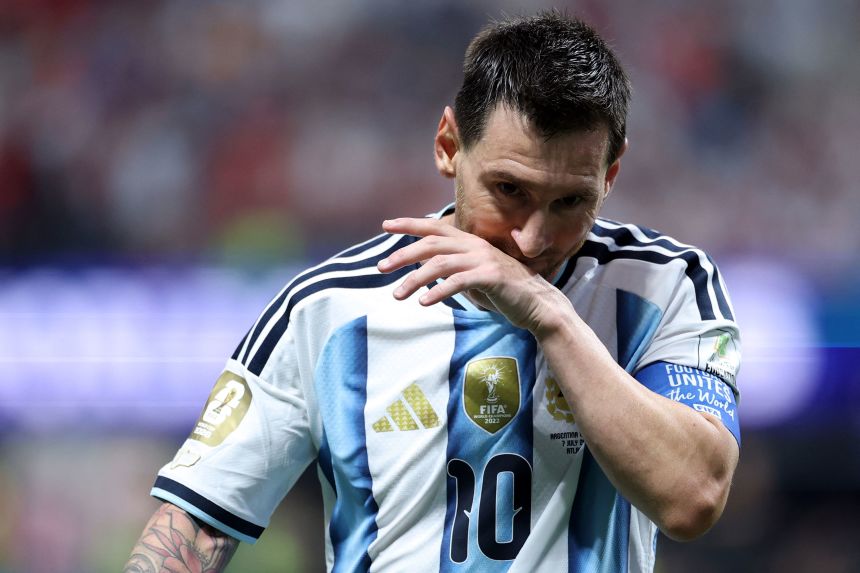 Argentina’s forward Lionel Messi reacts after Egypt score their second goal at Atlanta Stadium in Atlanta on July 7.