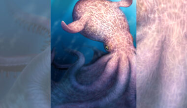 An illustration shows a giant pinkish octopus in the deep sea with webbing between its tentacles and floppy fins on its body.
