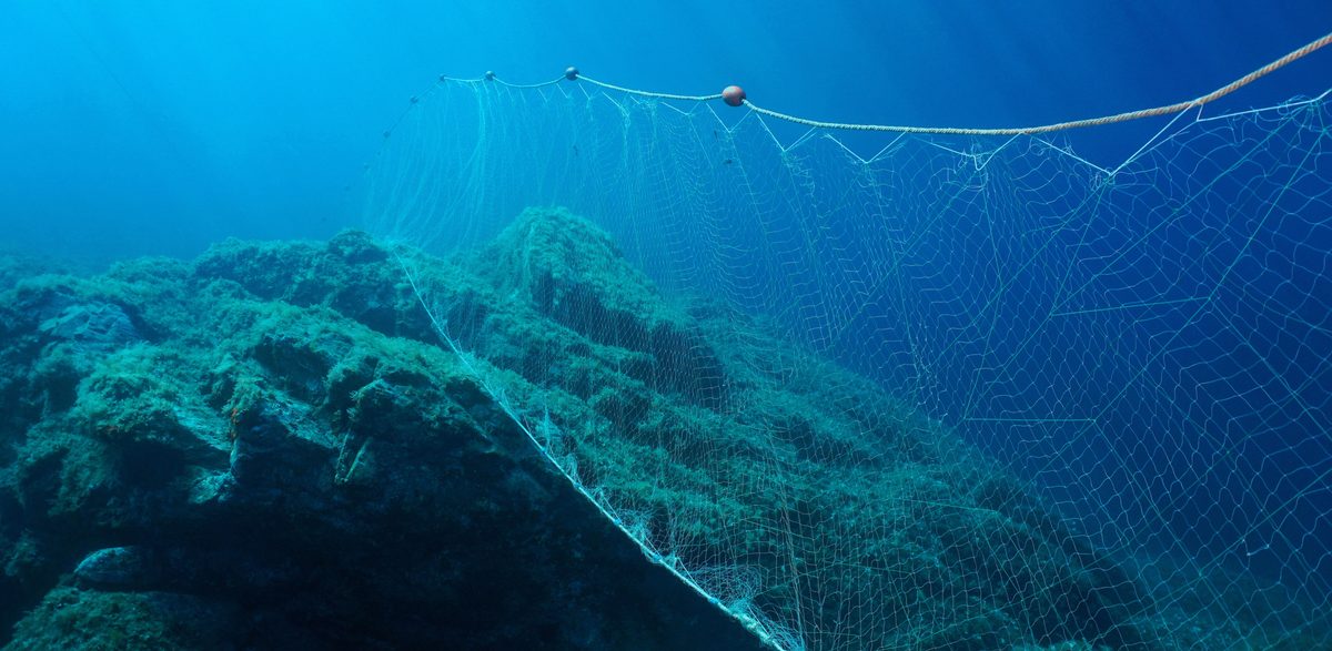Fishing net under water gillnet in the ocean with rock and blue water