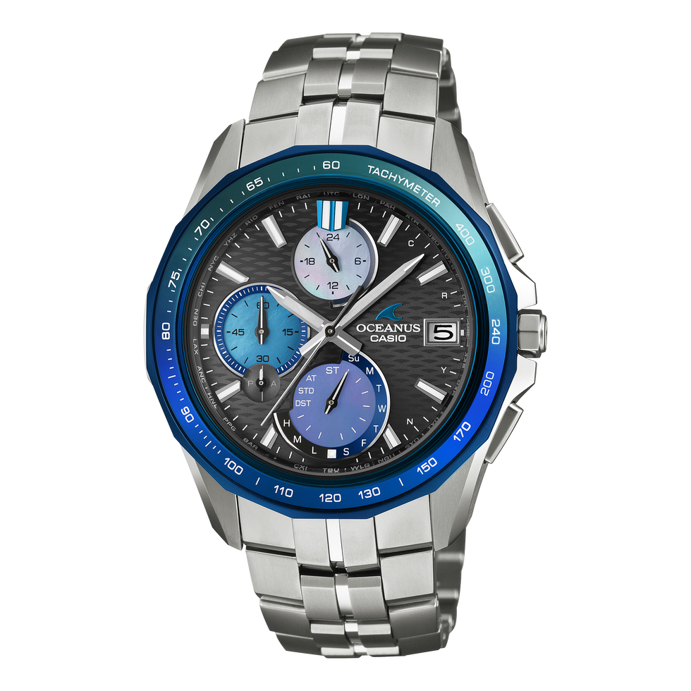 casio oceanus wristwatch with tachymeter and blue accents on stainless steel band. casio oceanus wristwatch with tachymeter and blue accents on stainless steel band.