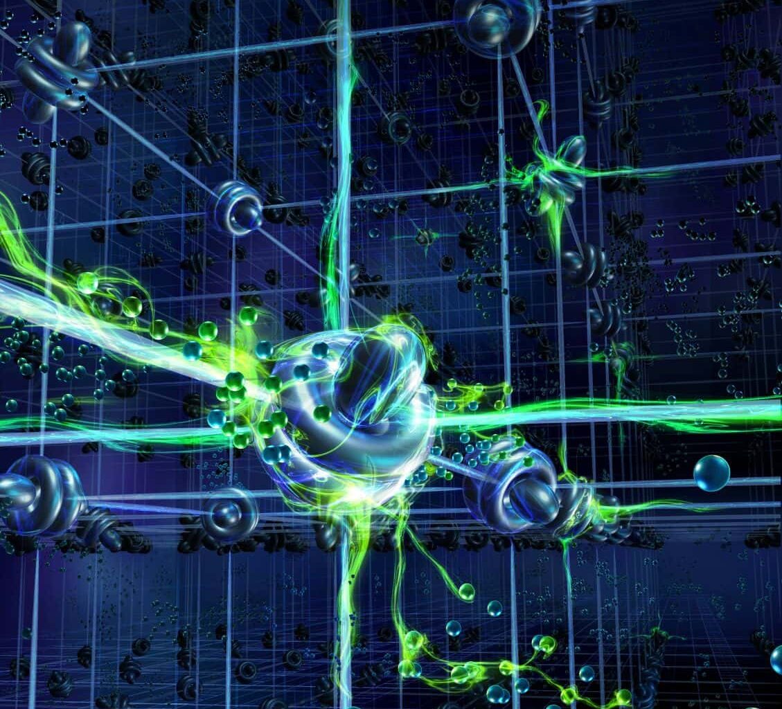 Illustration showing a cubic lattice of electrons glowing with an eerie green light