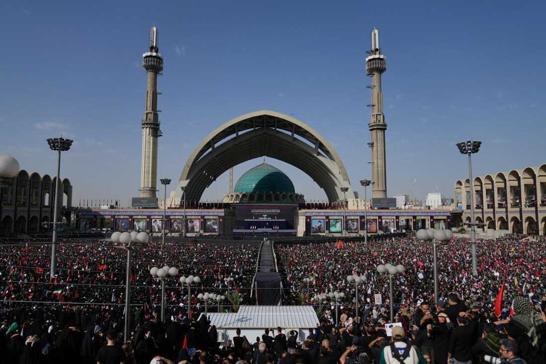 A crowd attends the start of the dayslong funeral ceremonies at the Imam Khomeini Mosalla Grand Mosque in Tehran, Iran, Saturday, July 4, 2026.