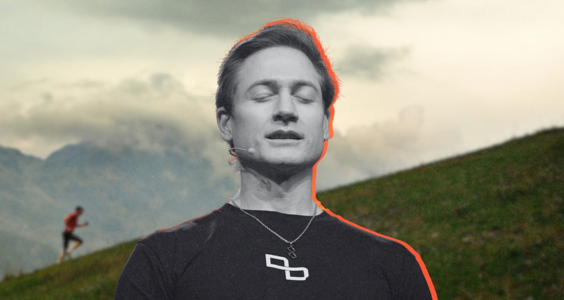 bryan johnson biohacker obsessed with longevity on a background of man running uphill to show living longer concept