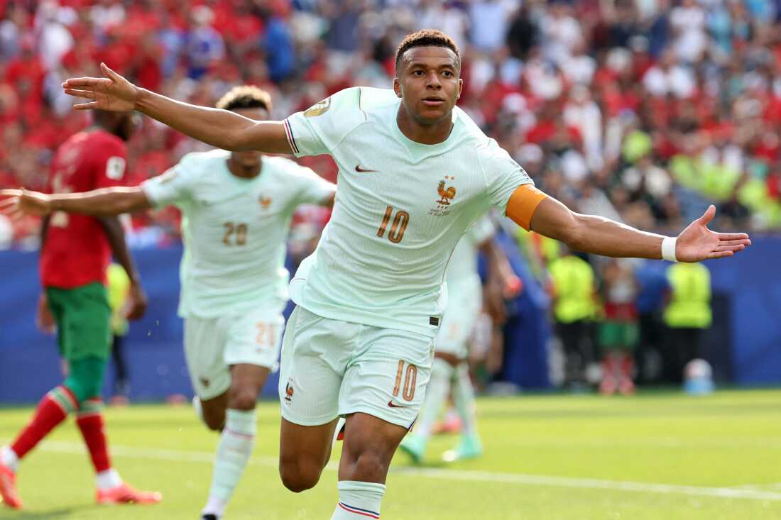 France forward Kylian Mbappe celebrates scoring his team's first goal during the World Cup quarterfinal against Morocco in Foxborough, Mass. on Thursday.