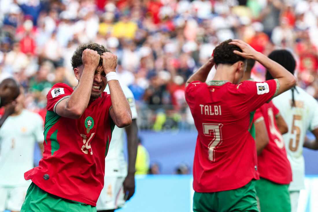Morocco's midfielder Neil El Aynaoui (left) reacts to a missed chance during the World Cup match against France and Morocco at Boston Stadium in Foxborough on July 9, 2026. (Photo by FRANCK FIFE / AFP via Getty Images)