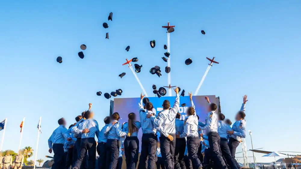 Graduates of the Israeli Air Force pilots’ course celebrate during the Wings Ceremony at Hatzerim Airbase, July 9, 2026. Credit: IDF.