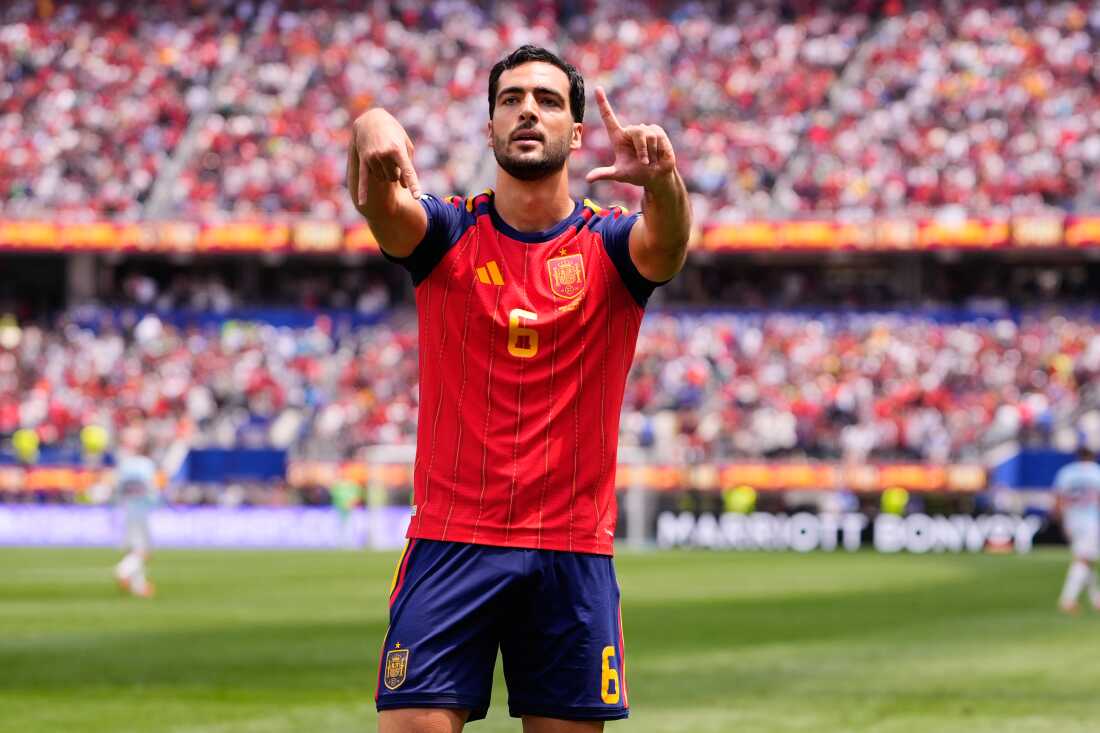 Spain's Mikel Merino (6) celebrates scoring their second goal during the World Cup quarterfinal soccer match between Spain and Belgium in Inglewood, Calif., near Los Angeles, Friday, July 10, 2026.
