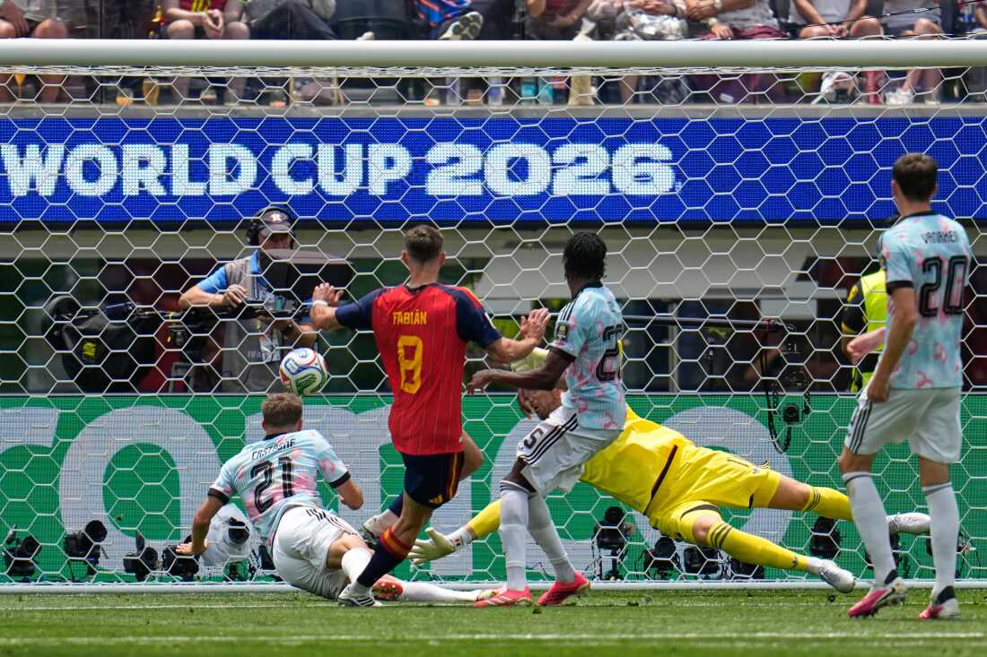 Spain's Fabian Ruiz (8) scores their opening goal during the World Cup quarterfinal soccer match between Spain and Belgium in Inglewood, Calif., near Los Angeles, Friday, July 10, 2026.