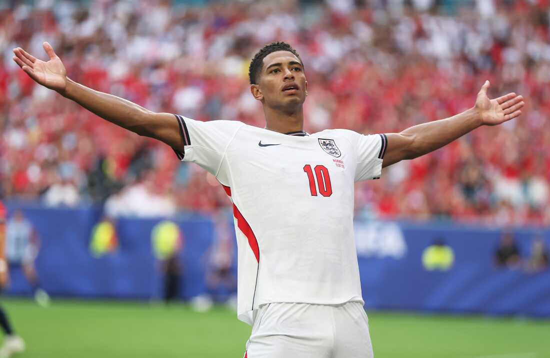 England's Jude Bellingham celebrates scoring his team's second goal during the World Cup quarterfinal match between England and Norway on Saturday in Miami Gardens, Fla.