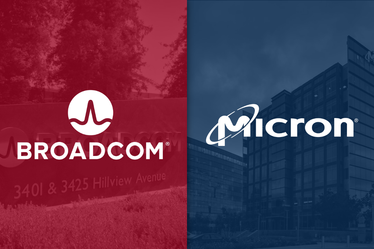 Broadcom and Micron logos against red and blue backgrounds, respectively.