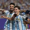 Argentina forward Julián Alvarez (C) celebrates scoring his team's second goal during the World Cup quarterfinal match against Switzerland in Kansas City on Saturday. Argentina has advanced to the semifinals and will play England on Wednesday.