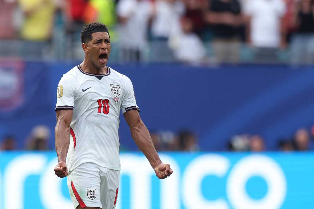 England's midfielder #10 Jude Bellingham celebrates after scoring the equalising goal during the 2026 World Cup football tournament quarter-final match between Norway and England at Miami Stadium in Miami Gardens on July 11, 2026.
