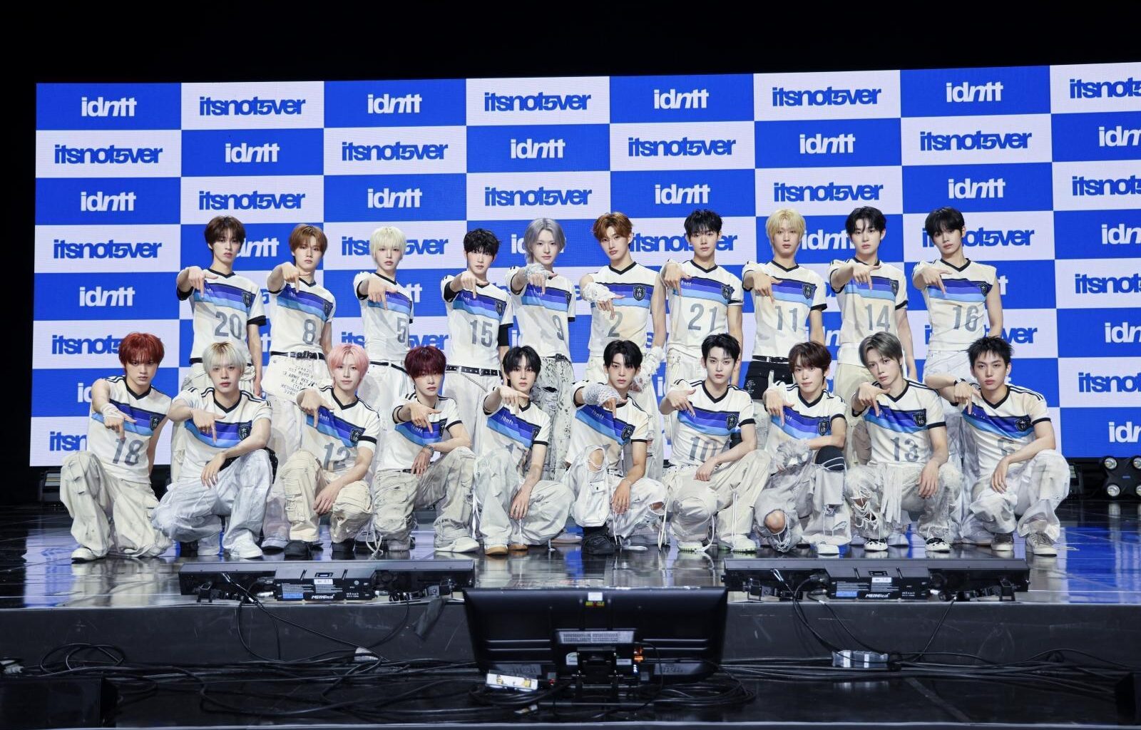 Members of K-pop boy band idntt pose during a media showcase at BlueSquare Theater in Seoul