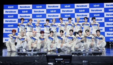 Members of K-pop boy band idntt pose during a media showcase at BlueSquare Theater in Seoul