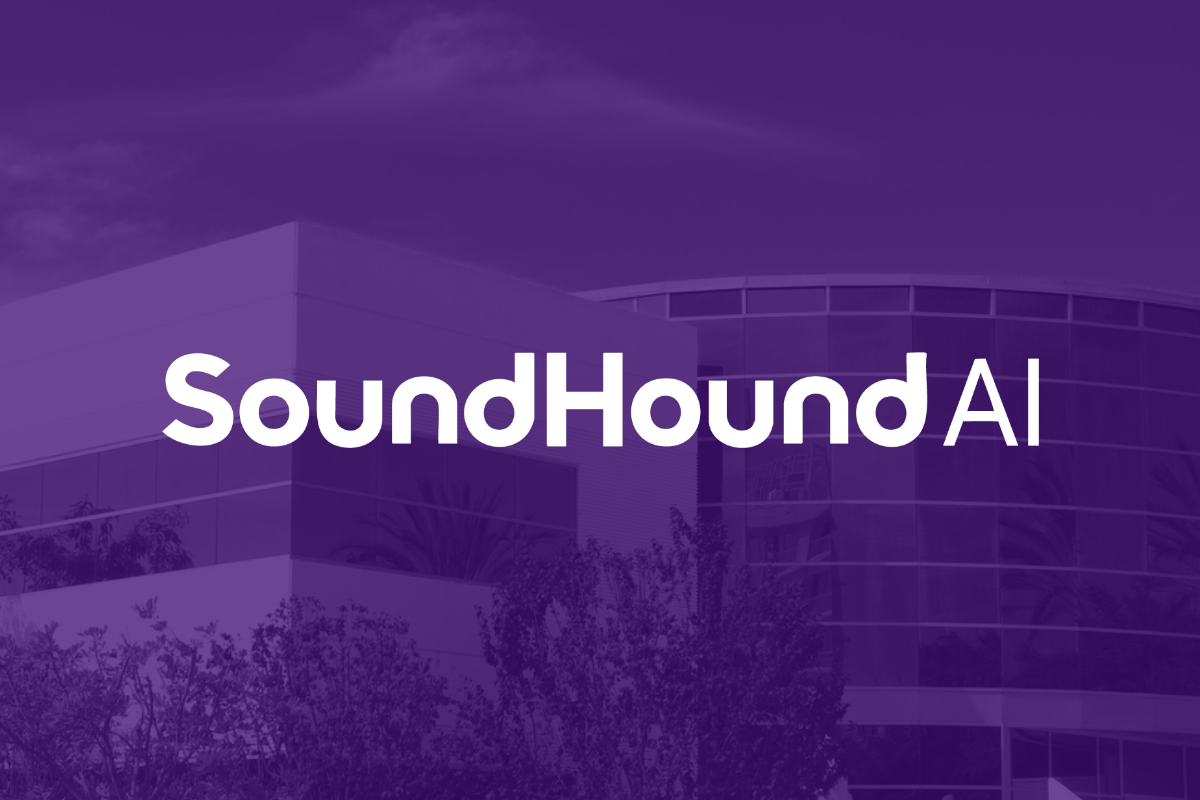 The SoundHound AI logo on a purple translucent background.